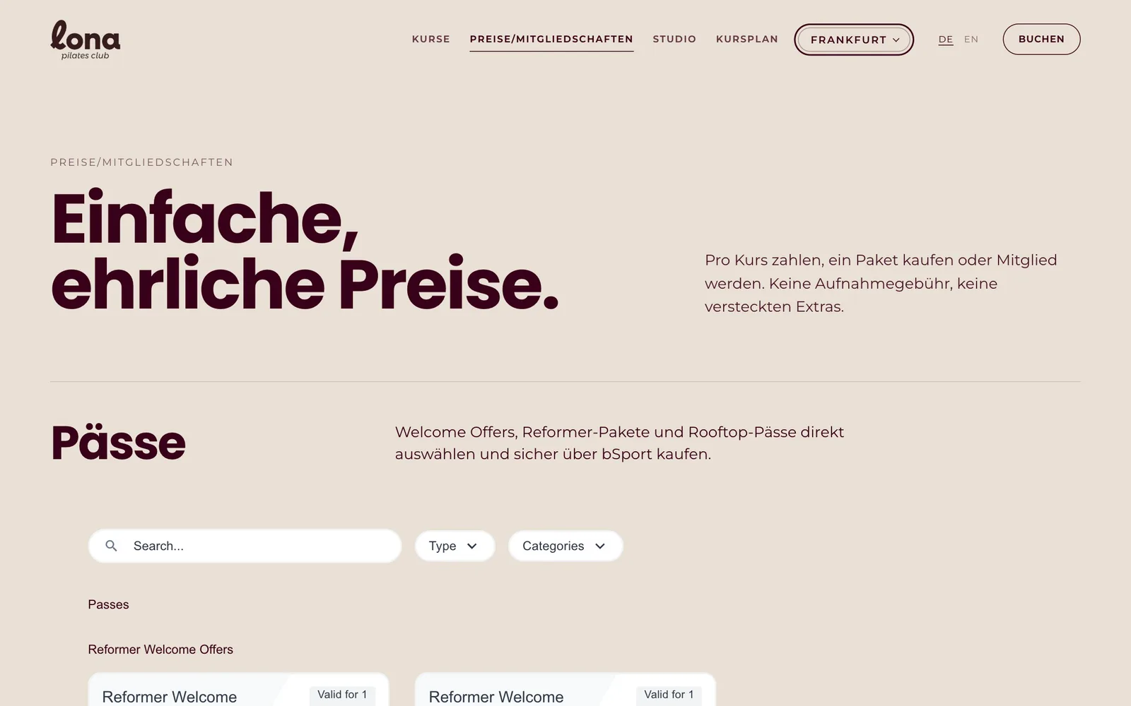 Lona Pilates Club – die Preisseite des Redesigns.