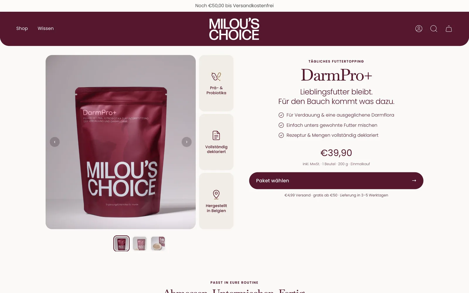 Milou’s Choice – eine Produktseite des Onlineshops.